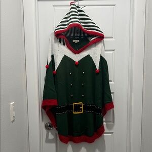 Festive Green Elf Poncho with Hood